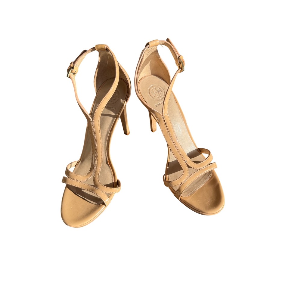 Tory‎ Burch Strappy Stiletto Sandals Womens 7M Nude EUC Patent Leather T-Strap - Picture 2 of 8